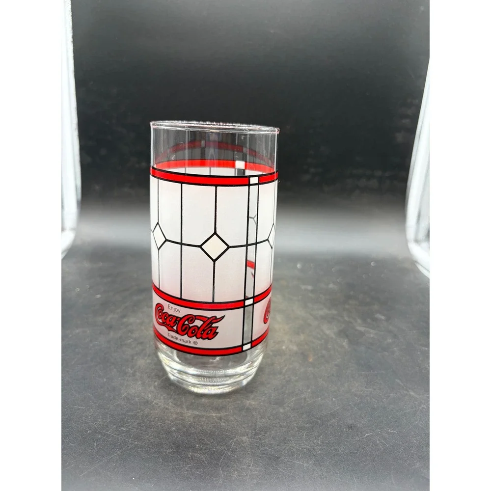 Vintage Coca-Cola Stained Glass Pattern Drinking Glass Tumbler Frosted 6 Inch